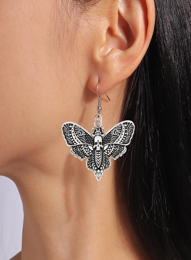 Kawailay 2 Pairs Gothic Moth Earrings Vintage Moth Butterfly Dangle Earrings Punk Rock Hip Hop Skull Drop Earrings for Women - Silver and Black - Image 3